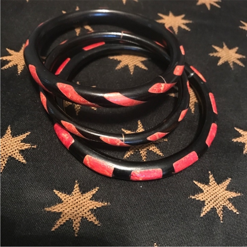 Vintage 80s Coral & Ebony Bangle Bracelets OOAK hand made; one owner